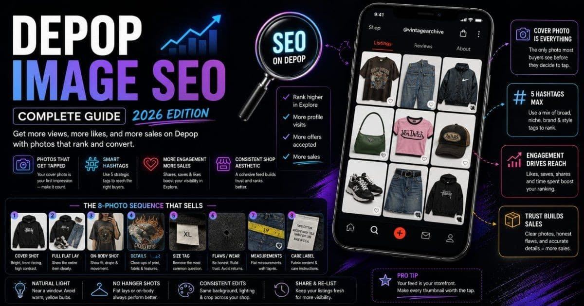 A sequence of Depop listing photos showing a square cover shot, a flat lay, an on-body photo, and a fabric detail close-up, illustrating the photo order that drives Depop search visibility