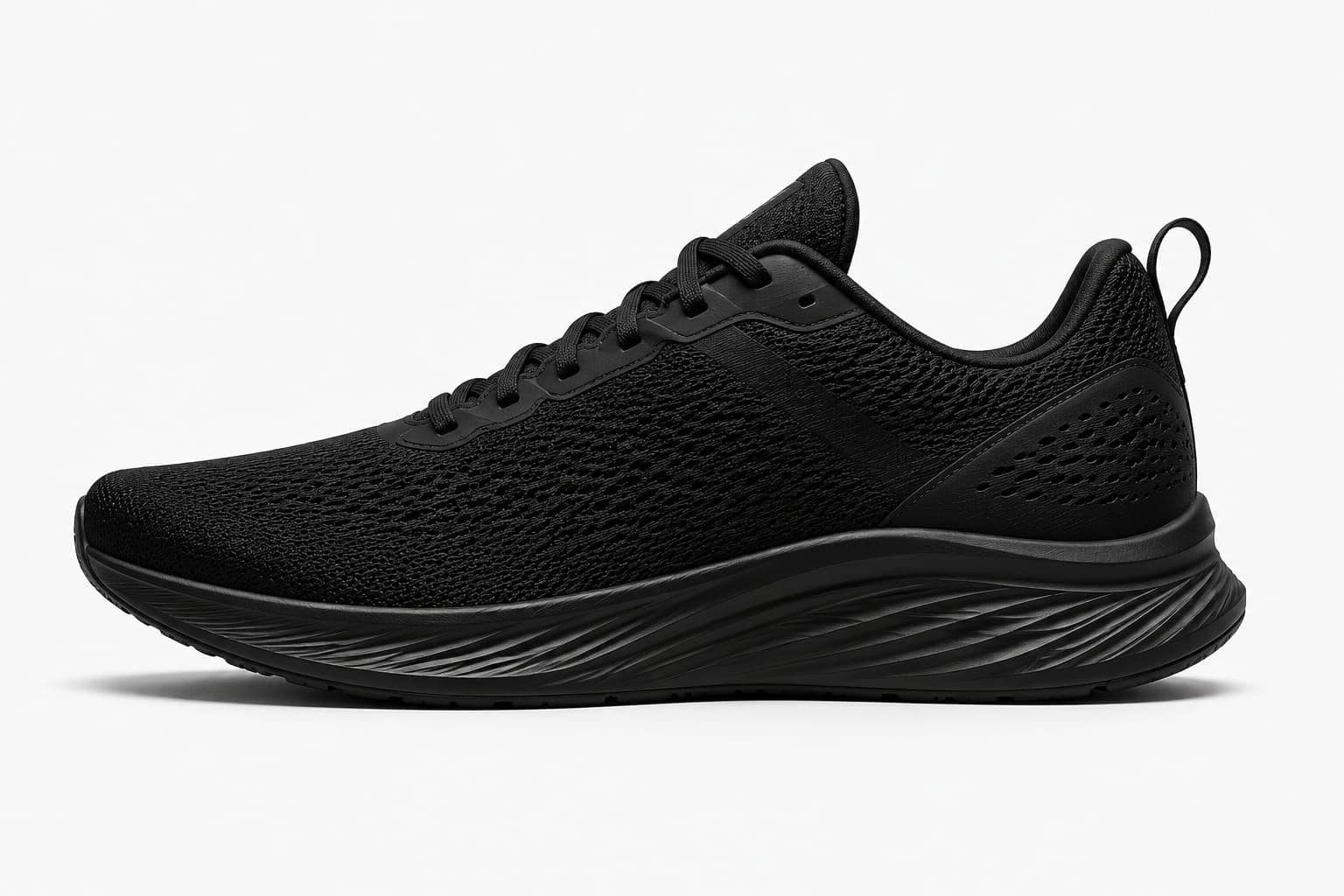 Black running sneaker, photographed side-on against a plain studio background