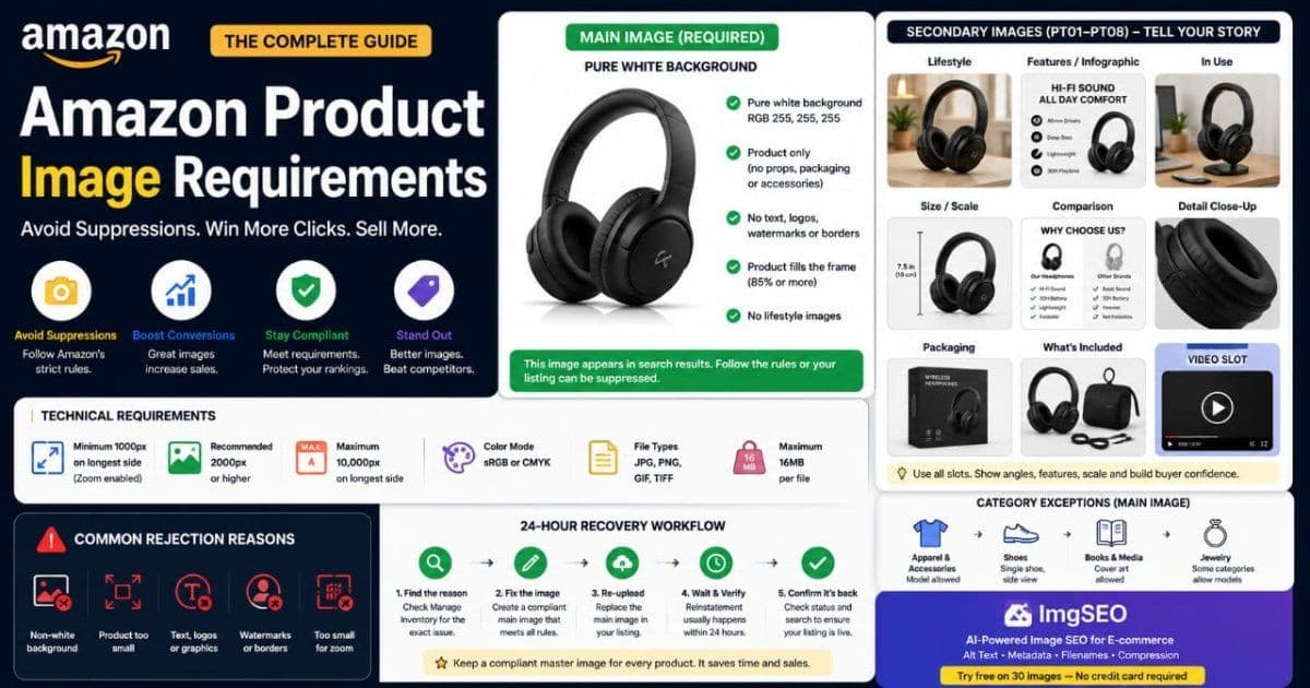 Amazon product image requirements for the main photo, gallery slots, and A+ Content
