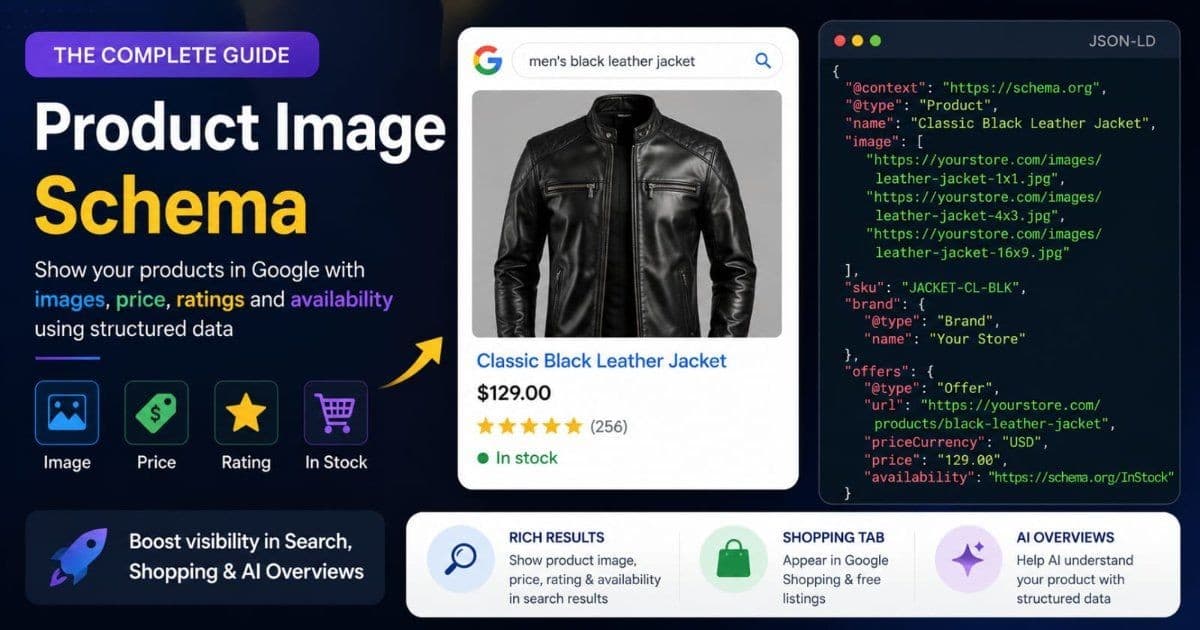 Product image schema markup connecting photos to products for rich results