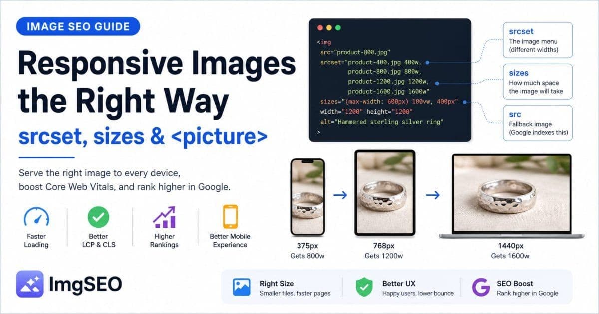 Responsive images served at multiple sizes to improve mobile LCP and indexing
