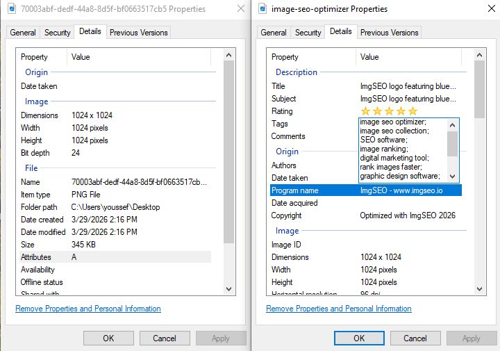 Image metadata before and after ImgSEO optimization - showing empty properties vs title, tags, authors, copyright